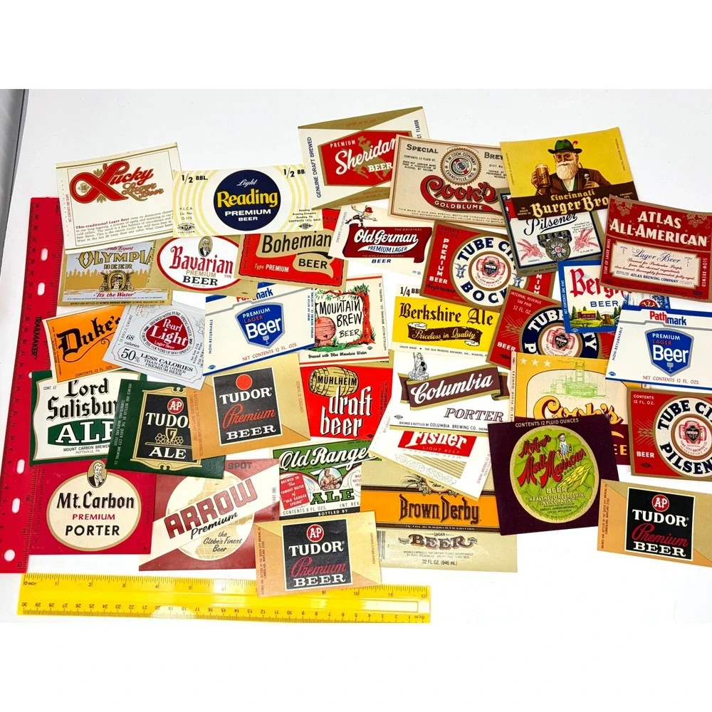 Lot of 30 Random Mixed Beer Labels Mostly 1970s Mixed Breweriana Bar Decor